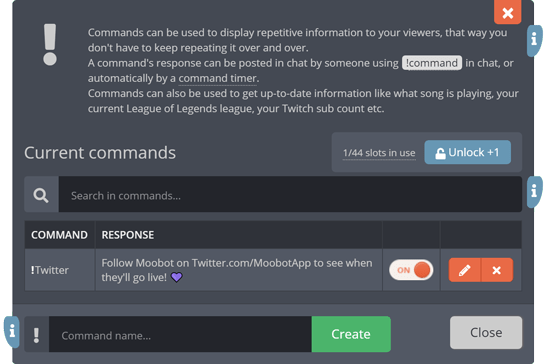 The custom commands menu The custom commands menu