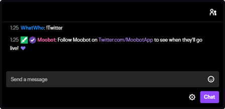 The chat command's response in Twitch chat The chat command's response in Twitch chat