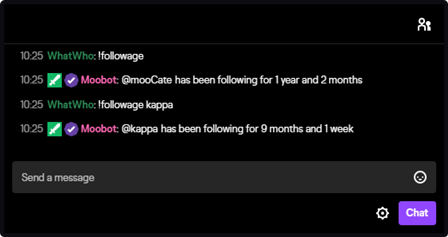 The !Followage command's response in Twitch chat The !Followage command's response in Twitch chat