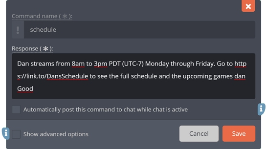 Example of a !Schedule chat command Example of a !Schedule chat command