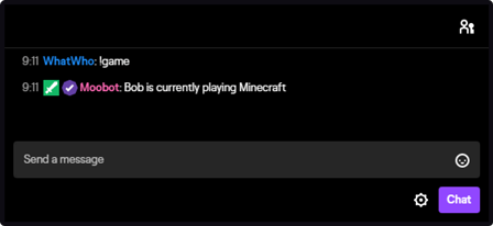 The Twitch current stream category response tag in Twitch chat The Twitch current stream category response tag in Twitch chat