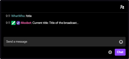 The Twitch current stream title response tag in Twitch chat The Twitch current stream title response tag in Twitch chat