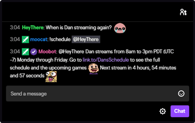 Example use of a !schedule chat command Example use of a !schedule chat command