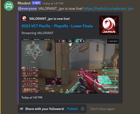 A Twitch live announcement posted to Discord A Twitch live announcement posted to Discord