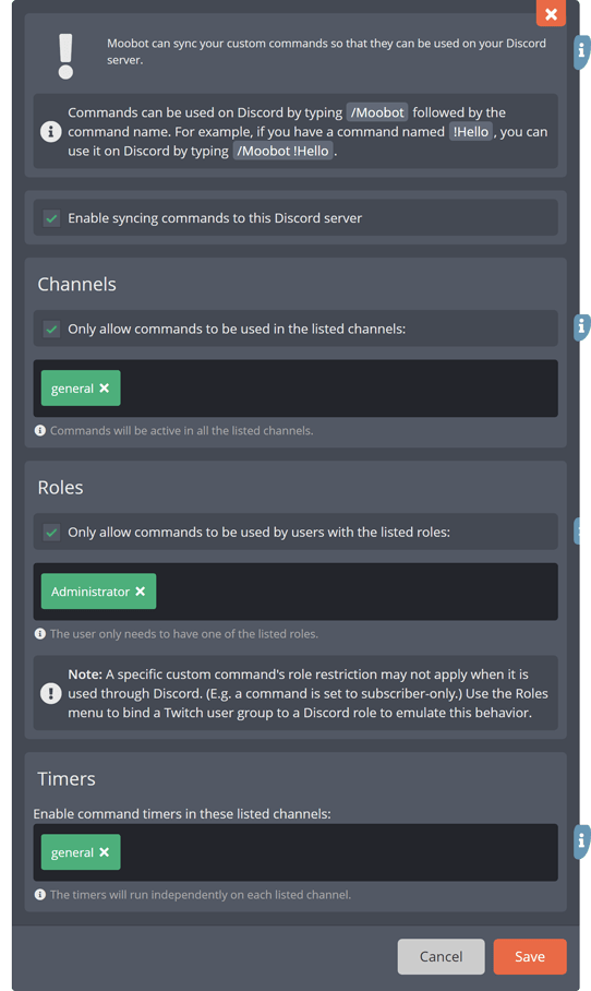 The Discord commands menu The Discord commands menu