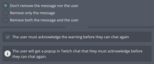 Activating the Twitch acknowledgement popups for your chat message filters Activating the Twitch acknowledgement popups for your chat message filters