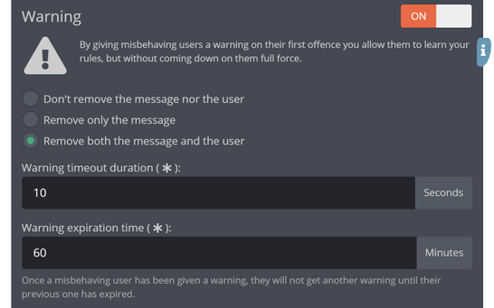 The warning section of the settings menu The warning section of the settings menu