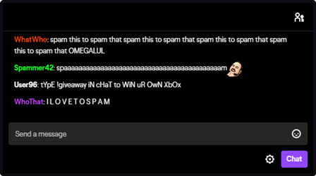Repeated letters, phrases or words, or other disruptive behavior in Twitch chat Repeated letters, phrases or words, or other disruptive behavior in Twitch chat