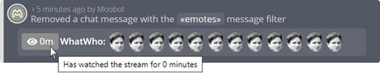 The event log widget displaying what is being removed by auto moderation, with the removed user's watch time visible The event log widget displaying what is being removed by auto moderation, with the removed user's watch time visible