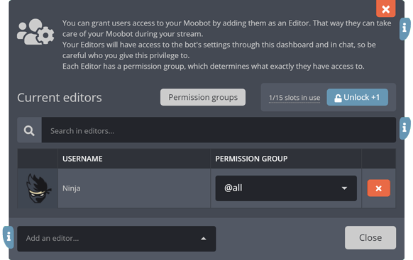 Editor with a permission group assigned Editor with a permission group assigned
