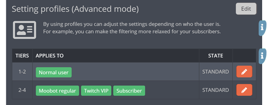 The setting profiles section of the settings menu, with profiles added