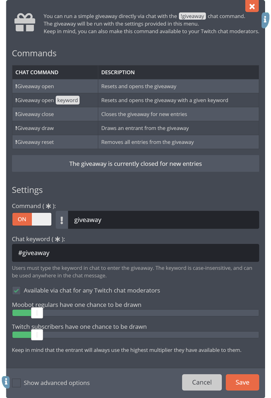 The !Giveaway chat command The !Giveaway chat command