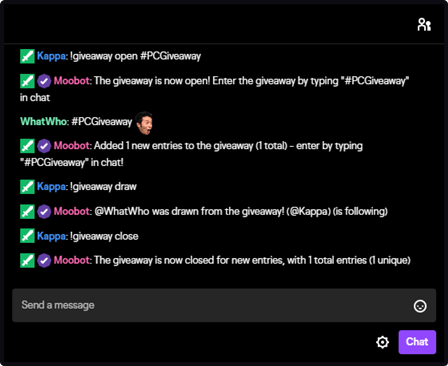 The !Giveaway chat command used in Twitch chat The !Giveaway chat command used in Twitch chat