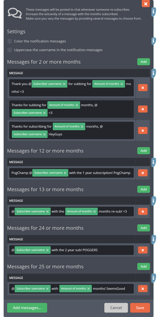 The chat re-subscriber notifications settings menu, with a message for 2 years The chat re-subscriber notifications settings menu, with a message for 2 years