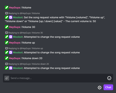 !Volume chat command in Twitch chat !Volume chat command in Twitch chat