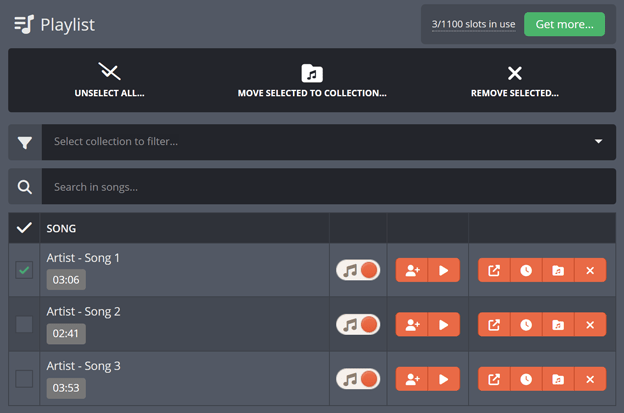 Selecting songs in your personal playlist Selecting songs in your personal playlist