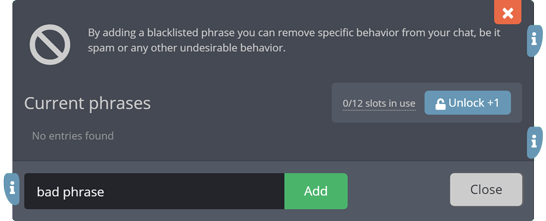 The blacklisted phrases menu The blacklisted phrases menu
