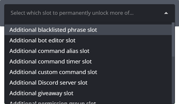 Selecting the slot to permanently unlock more of, with drop-down options Selecting the slot to permanently unlock more of, with drop-down options