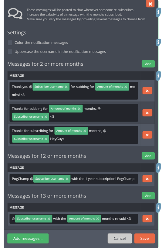 The chat re-subscriber notifications settings menu The chat re-subscriber notifications settings menu