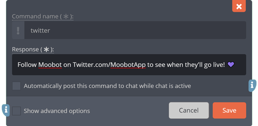 The custom command edit-menu, setting the response The custom command edit-menu, setting the response