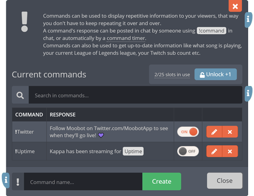 The custom commands menu The custom commands menu