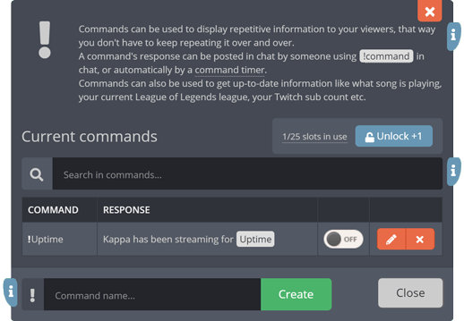 The custom commands menu The custom commands menu