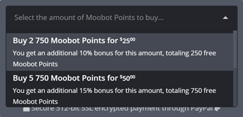 Selecting the amount of Moobot Points to buy, with drop-down options Selecting the amount of Moobot Points to buy, with drop-down options