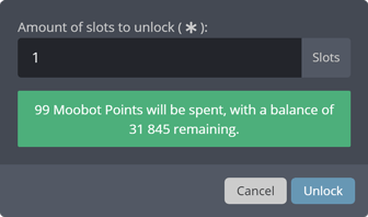 Selecting the amount of slots to unlock, with amount selected Selecting the amount of slots to unlock, with amount selected
