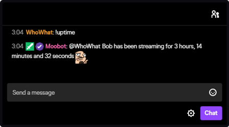 The stream uptime response tag in Twitch chat The stream uptime response tag in Twitch chat