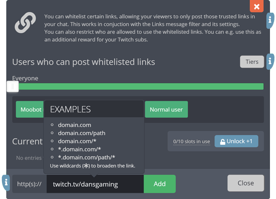 The whitelisted links menu The whitelisted links menu