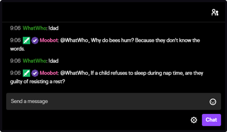 A custom-built chat command for dad jokes in Twitch chat A custom-built chat command for dad jokes in Twitch chat