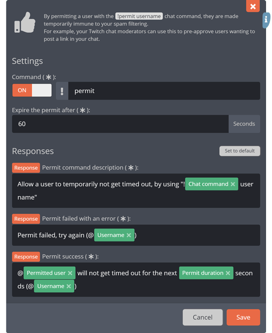 The !Permit chat command menu The !Permit chat command menu