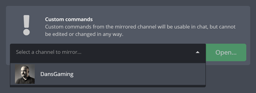 Selecting a Twitch channel to mirror Selecting a Twitch channel to mirror