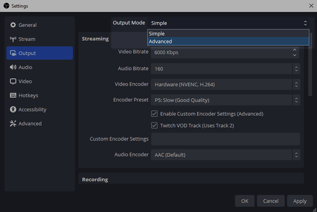 Viewing the advanced output settings of OBS Viewing the advanced output settings of OBS