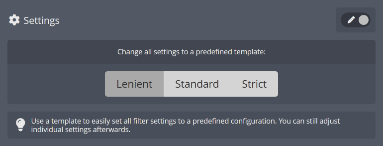 Setting a predefined configuration for multiple message filters at once