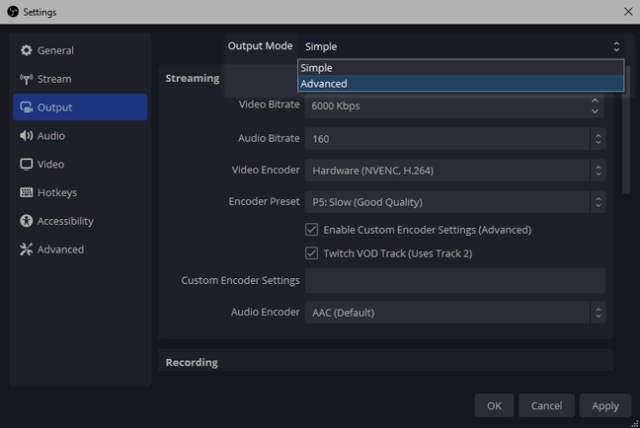 Viewing the advanced output settings of OBS Viewing the advanced output settings of OBS