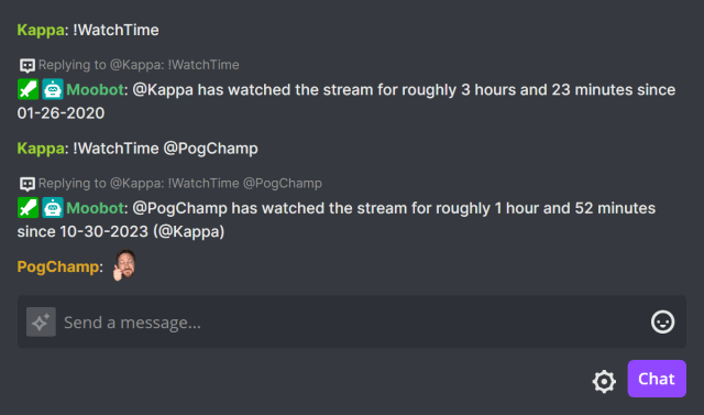 The !WatchTime chat command in Twitch chat The !WatchTime chat command in Twitch chat