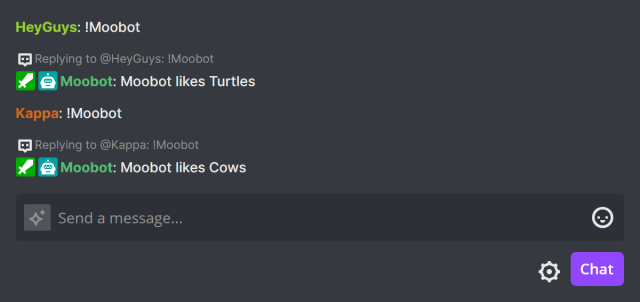 Responding in Twitch chat with random text Responding in Twitch chat with random text