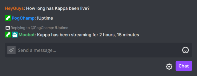 Responding in Twitch chat with the time since the stream started Responding in Twitch chat with the time since the stream started