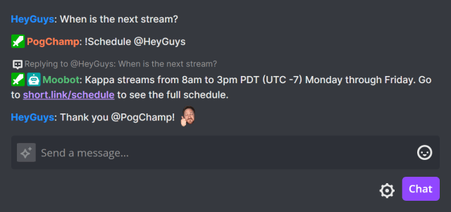 Example of a !Schedule chat command Example of a !Schedule chat command
