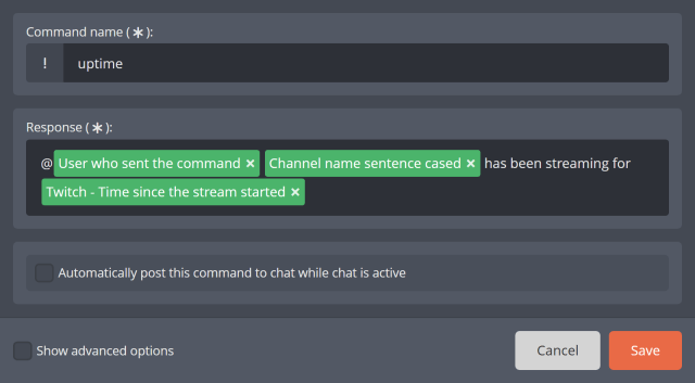 The !Uptime chat command The !Uptime chat command