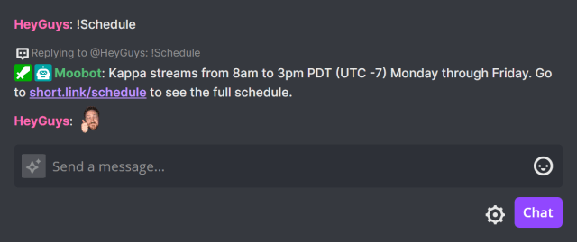 Using a chat command in Twitch chat Using a chat command in Twitch chat