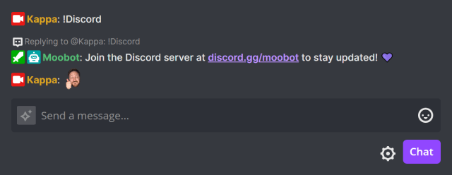 Using your new chat command in Twitch chat Using your new chat command in Twitch chat
