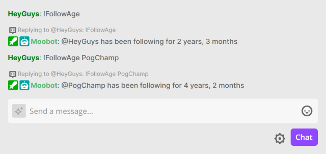 Responding in Twitch chat with the !Followage chat command Responding in Twitch chat with the !Followage chat command