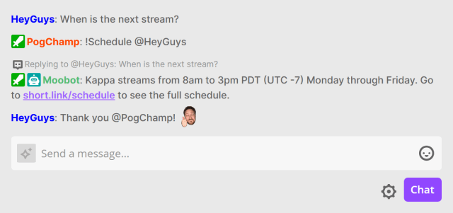 Example of a !Schedule chat command Example of a !Schedule chat command