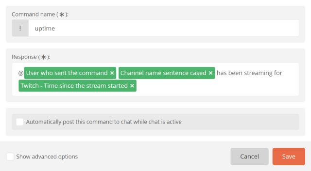 The !Uptime chat command The !Uptime chat command