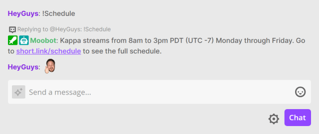 Using a chat command in Twitch chat Using a chat command in Twitch chat