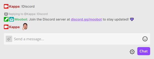 Using your new chat command in Twitch chat Using your new chat command in Twitch chat