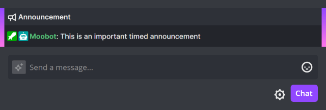Timed message sent as a Twitch announcement Timed message sent as a Twitch announcement