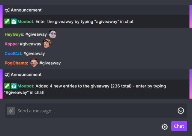 Automatic giveaway announcement in Twitch chat Automatic giveaway announcement in Twitch chat